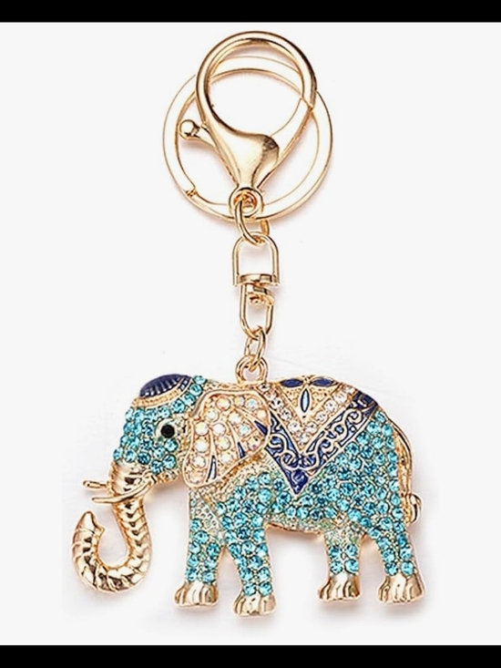 Accessories - Gold-Tone Blue Crystal Elephant Keychain Charm